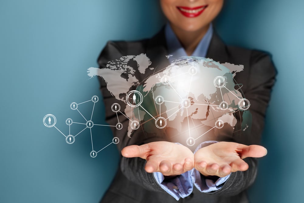 Close up image of businesswoman with 3d images of devices in her hands